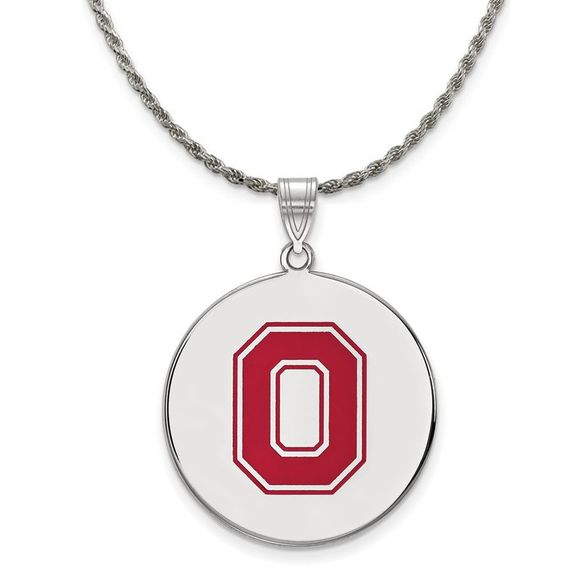 Sterling Silver Ohio State XL Enamel Disc Pendant Necklace - 20 Inch